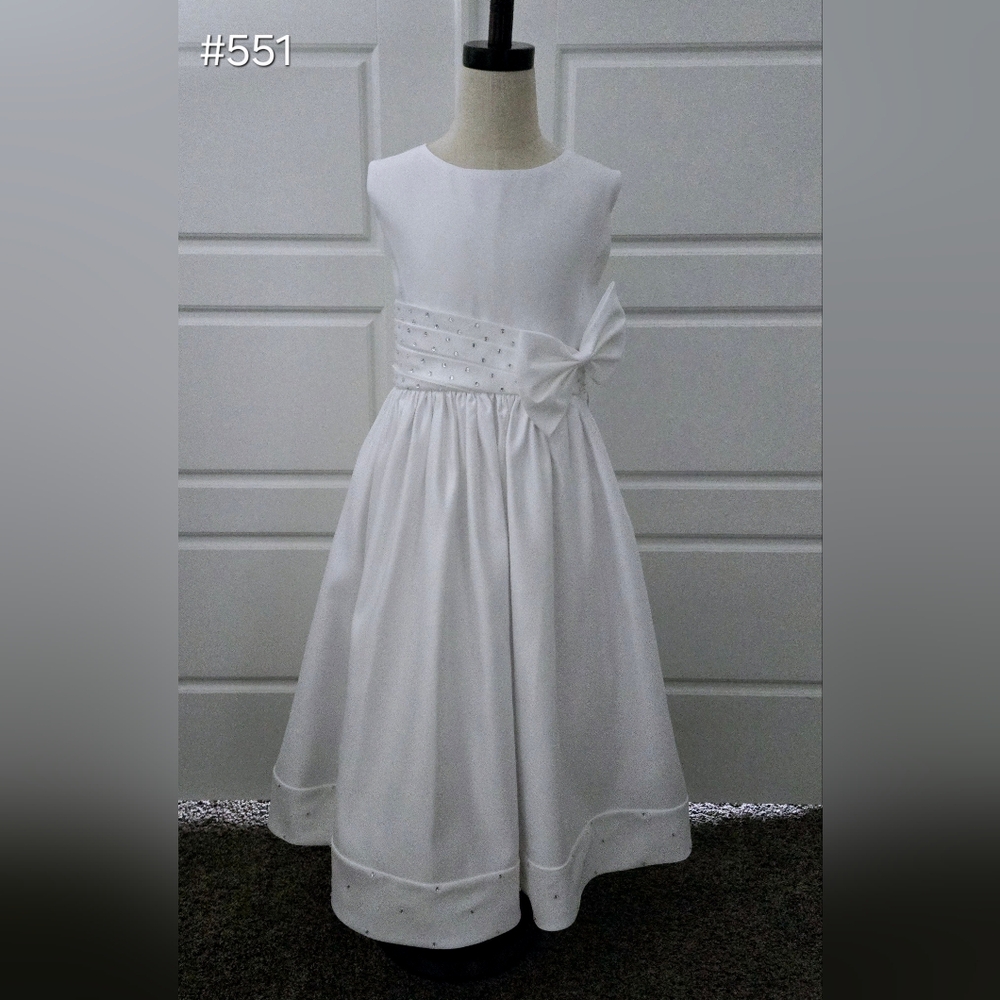 White Sleeveless Satin Girls Formal Baptism, Communion, or Flower Girl Dress